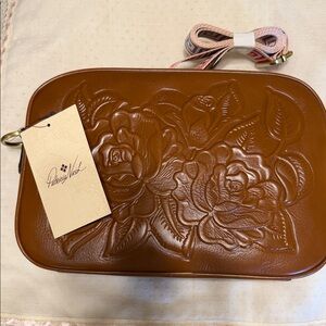 Patricia Nash Cognac Floral-Embossed Leather Crossbody with Patterned Strap